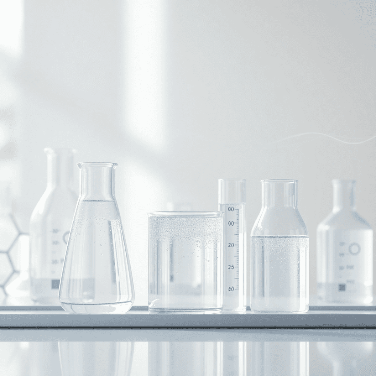 Csendes laboratórium tiszta üveges kémcsövekkel, természetes fényben, háttérben molekuláris szerkezetek és hullámok a víztisztaság jelképeként.
