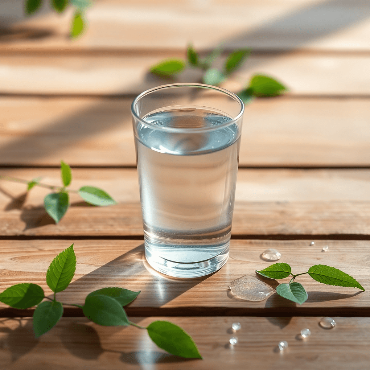 Egy tiszta, csillogó pohár víz fa felületen, friss zöld levelekkel és vízcseppekkel körülvéve, természetes fényben, a tisztaság és biztonság érzetével.