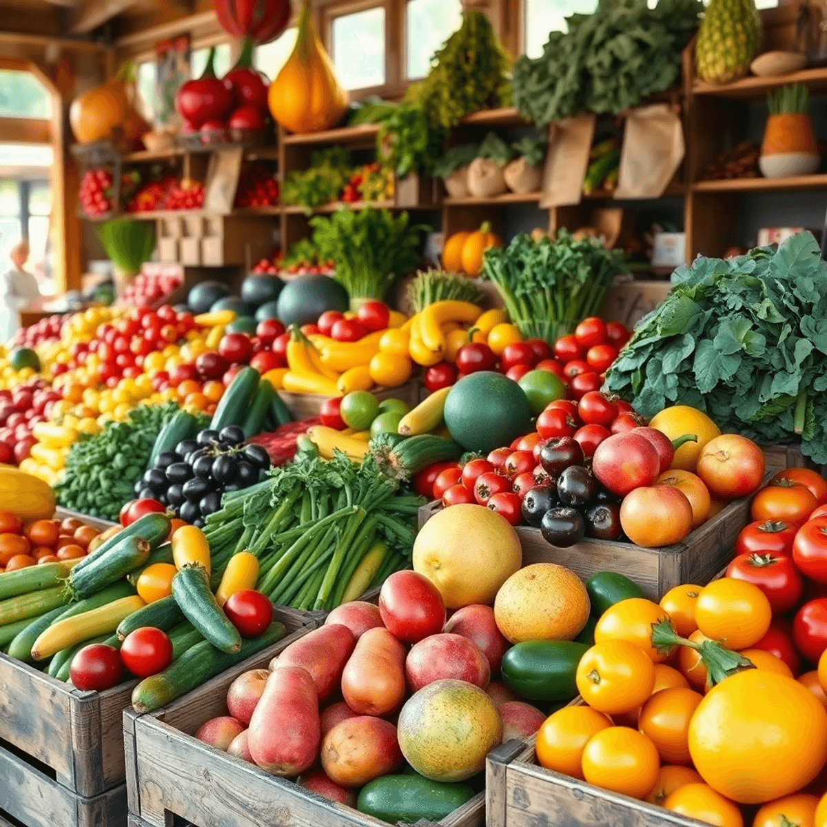 Élénk piaci jelenet friss idénygyümölcsökkel és zöldségekkel fa ládákban, természetes napfényben fürdőzve, egészséges étkezést sugallva.