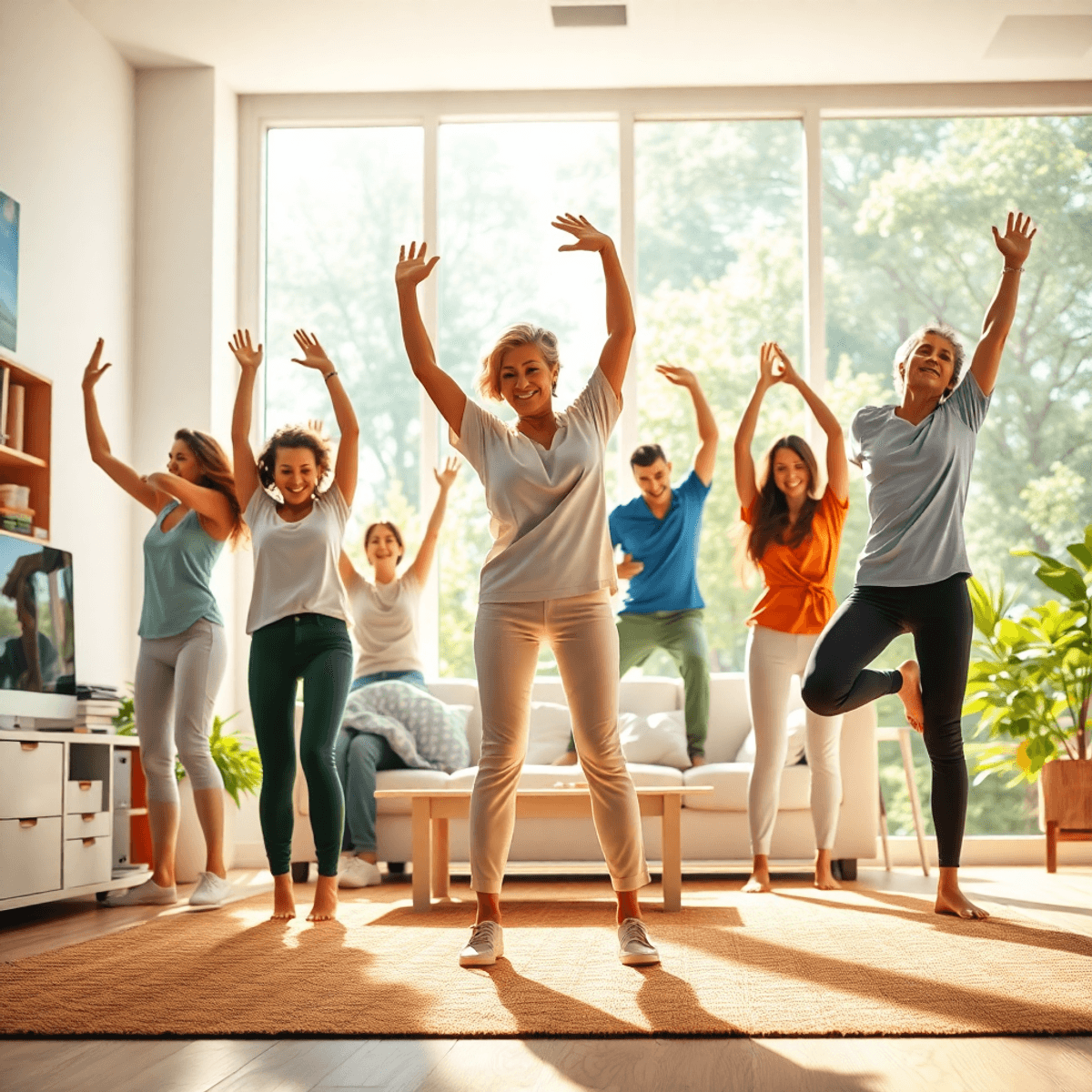 Emberek laza ruhában, különböző helyszíneken egyszerű nyújtó és mozgásgyakorlatokat végeznek, természetes mozdulatokkal, napsütésben, élénk színekben.