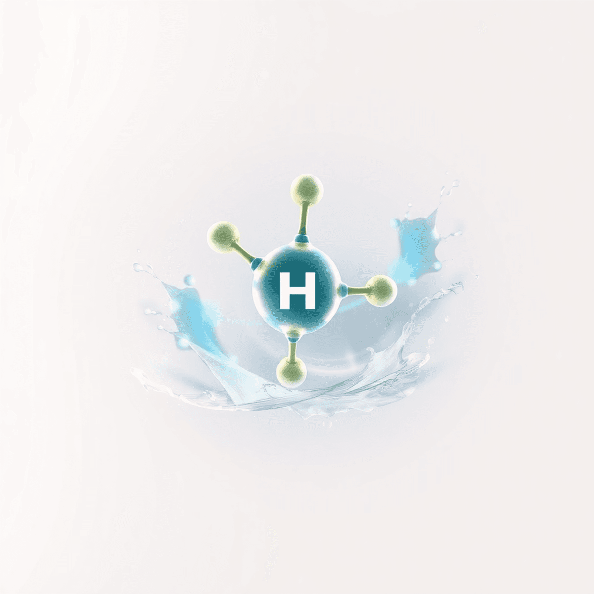 Fénylő molekuláris szerkezet absztrakt hullámokkal körülvéve, tiszta háttér előtt, a tudományos fejlődést és tisztítást szimbolizálva.