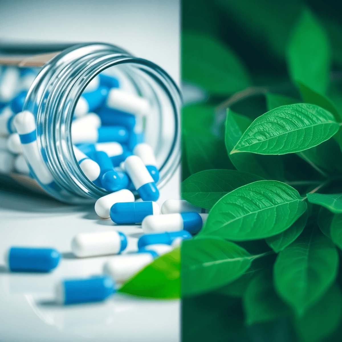 Kék-fehér kapszulák egy üvegcséből hullanak ki tiszta felületre, zöld levelek veszik körül, az antibiotikumok felelősségteljes használatát jelképezve.