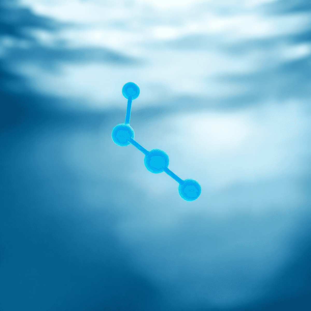 Kék, ragyogó molekuláris szerkezet izoniazid ábrázolásával, víz és tisztaság hangulatát idéző elvont háttérrel, finom fényvisszaverődésekkel.