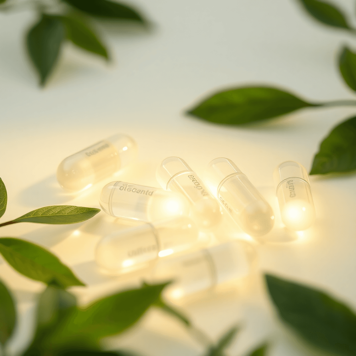 Közeli kép áttetsző gyógyszerkapszulákról, zöld levelek között, gyógyulást és fenntarthatóságot jelképező absztrakt formákkal, nyugodt háttér előtt.