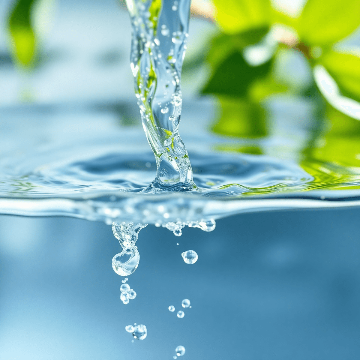 Közeli kép tiszta vízről, amely áttetsző membránszűrőn folyik keresztül, zöld levelek és vízhullámok háttérben, természetes fényben.