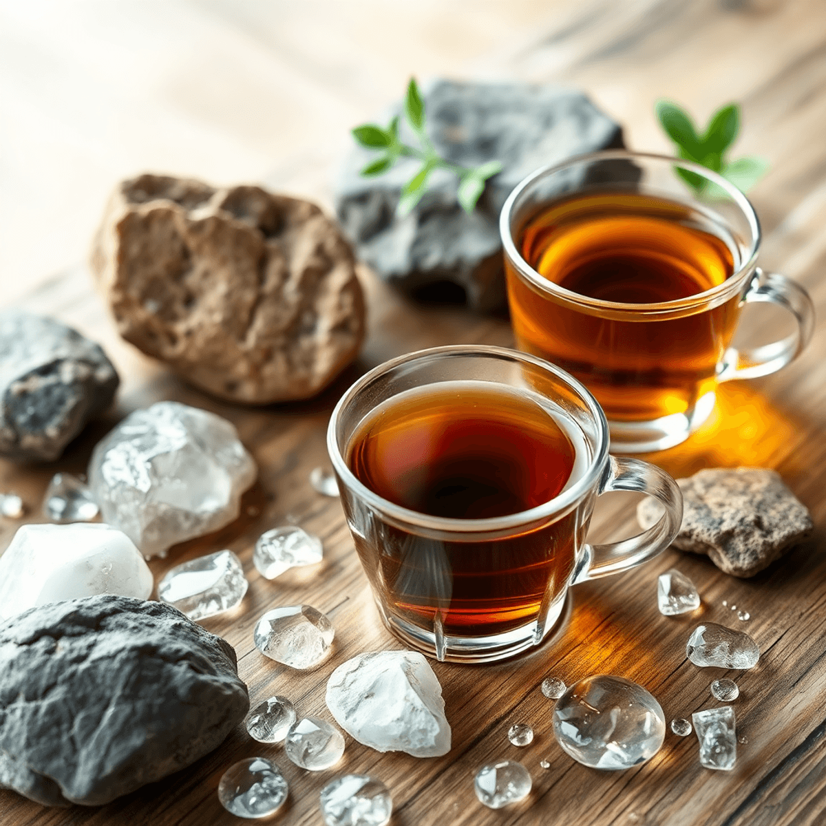 Közelkép egy gőzölgő kávéscsészéről és egy teáscsészéről fa asztalon, természetes ásványkövekkel és friss vízcseppekkel, lágy természetes fényben.