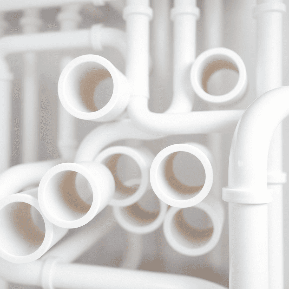 Közelkép sima fehér és áttetsző műanyag csövekről, tiszta, világos környezetben, modern vízvezeték rendszert szimbolizálva.