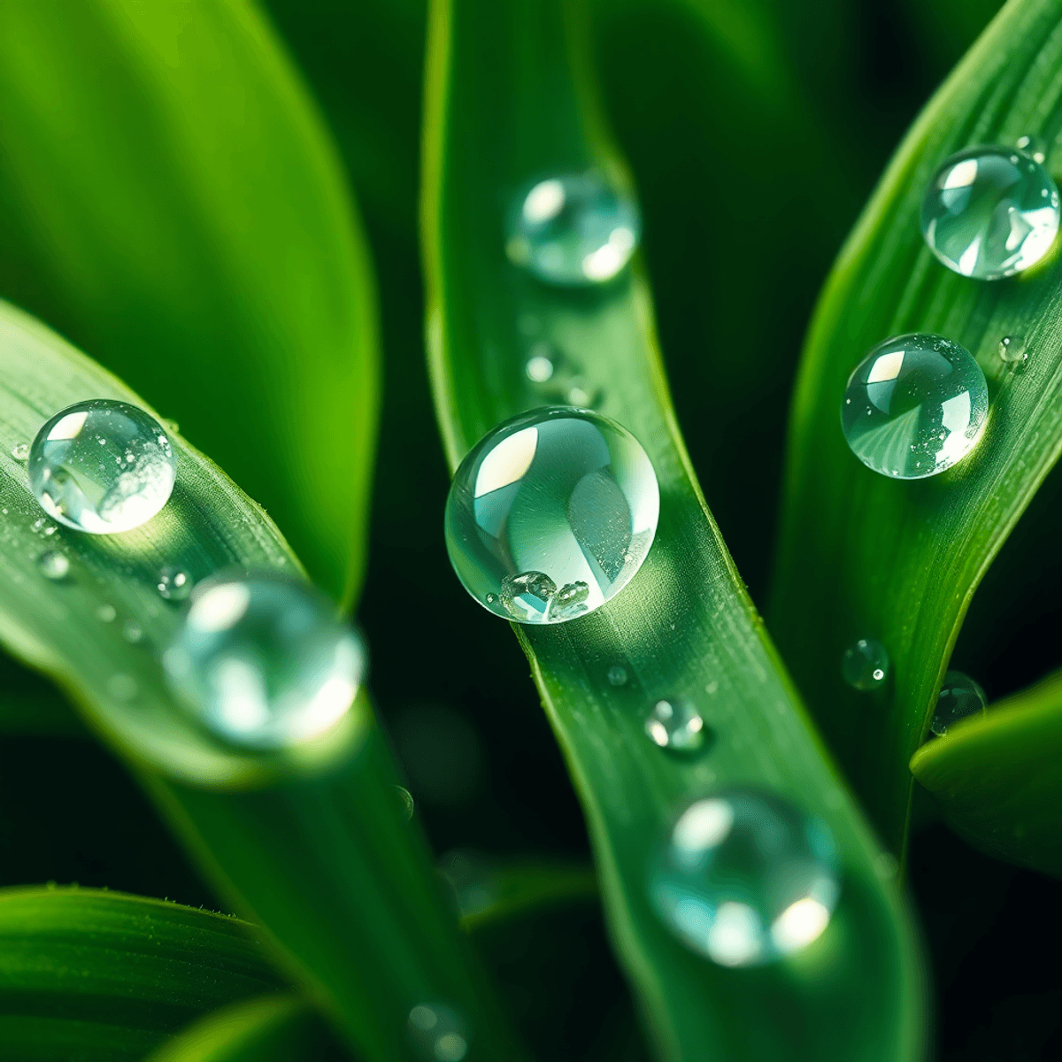 Közelkép tiszta vízcseppekről élénk zöld leveleken, lágy természetes fényben, frissítő és megújító hangulatot árasztva.