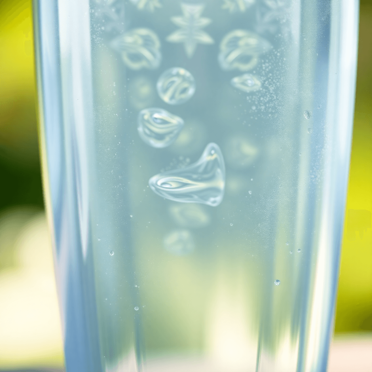 Kristálytiszta víz egy üvegpohárban, enyhe hullámokkal, lágy, természetes háttér előtt, a frissesség és tisztaság szimbóluma.