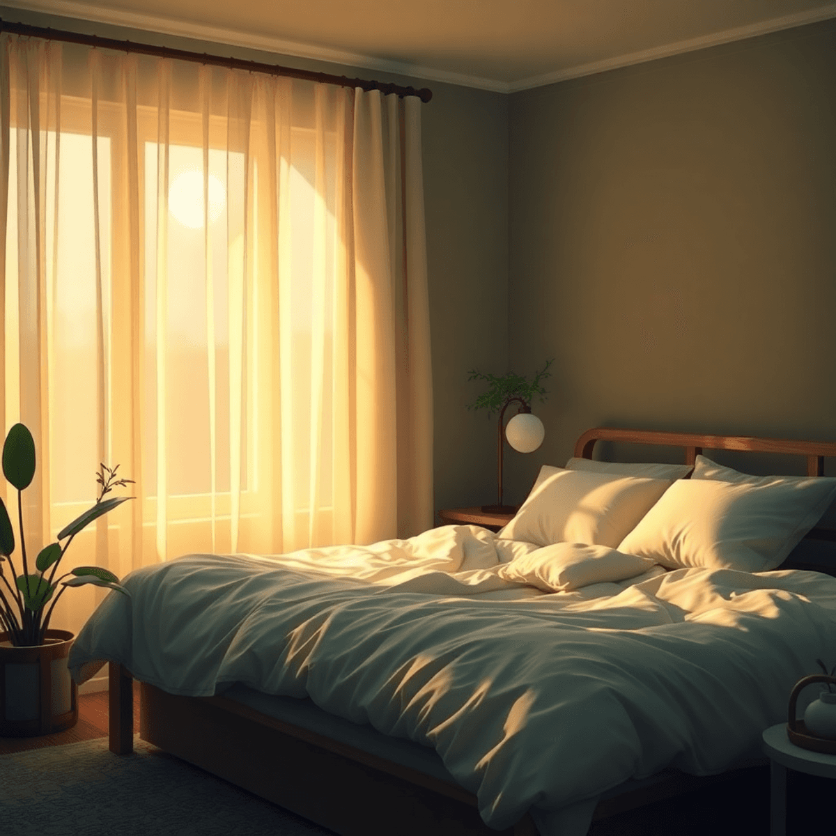 Nyugodt hálószoba puha, meleg holdfénnyel, kényelmes ágyneművel, finom árnyékokkal és természetes növényekkel a békés alvásért.