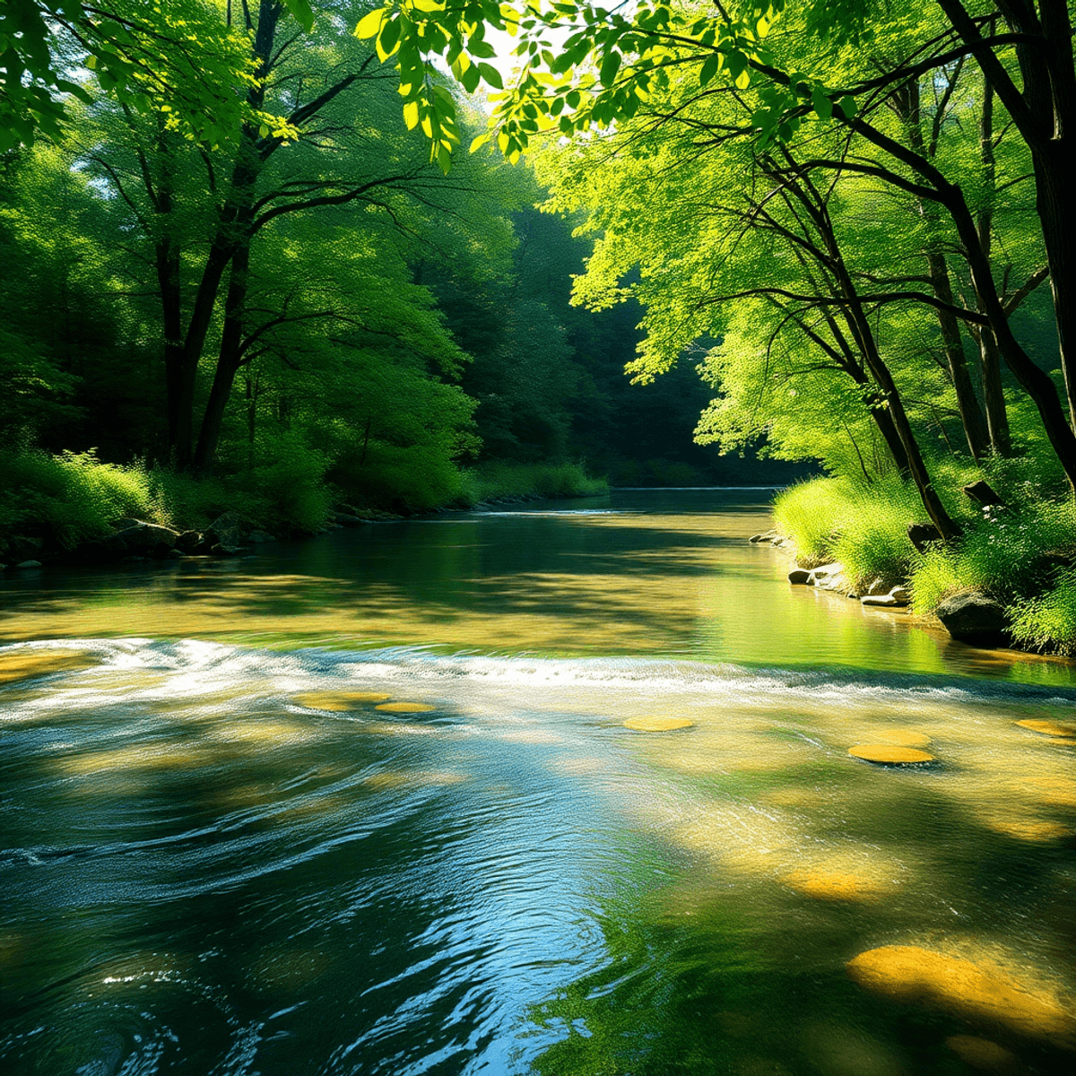 Nyugodt táj tiszta folyóval, zöld fákkal és élénk állatokkal, békés hangulatban, a mentális egészség megújulását szimbolizálva.