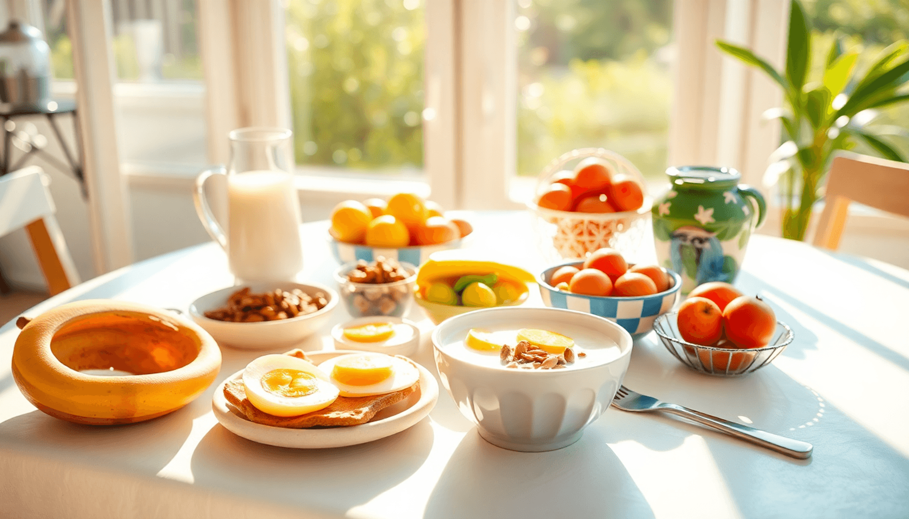 Reggeli asztal tojásokkal, görög joghurttal, diófélékkel és friss gyümölcsökkel, a meleg reggeli napfényben fürödve, meghitt és friss légkört teremtve.