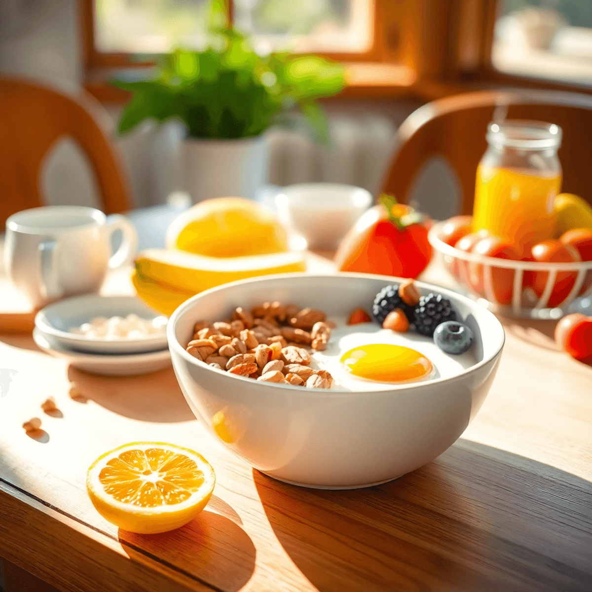 Reggelizőasztal tojással, dióval, joghurttal és friss gyümölcsökkel, meleg napsütésben, egészséges és energikus napkezdést jelképezve.