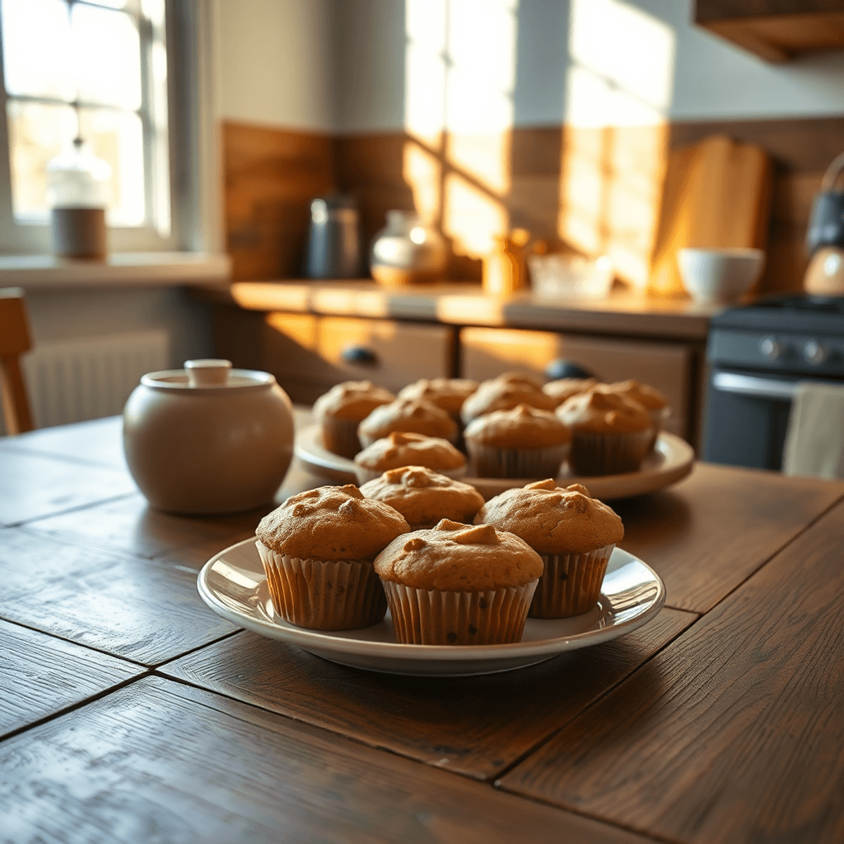 Rusztikus faasztal frissen sült muffinokkal, természetes reggeli fényben, meghitt és otthonos konyhai hangulatban.