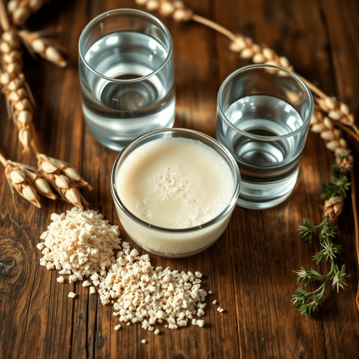 Rusztikus faasztalon buborékos kovászos tészta, friss élesztő, tiszta víz és természetes alapanyagok, mint búzaszálak és gyógynövények.