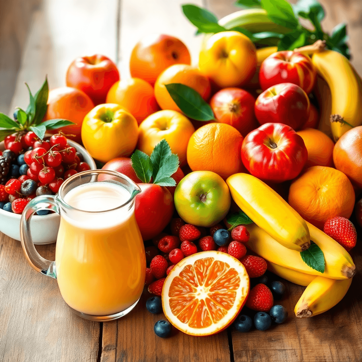 Színes, friss gyümölcsök válogatása egy rusztikus faasztalon, mellettük egy átlátszó üvegkancsó tele friss gyümölcslével.