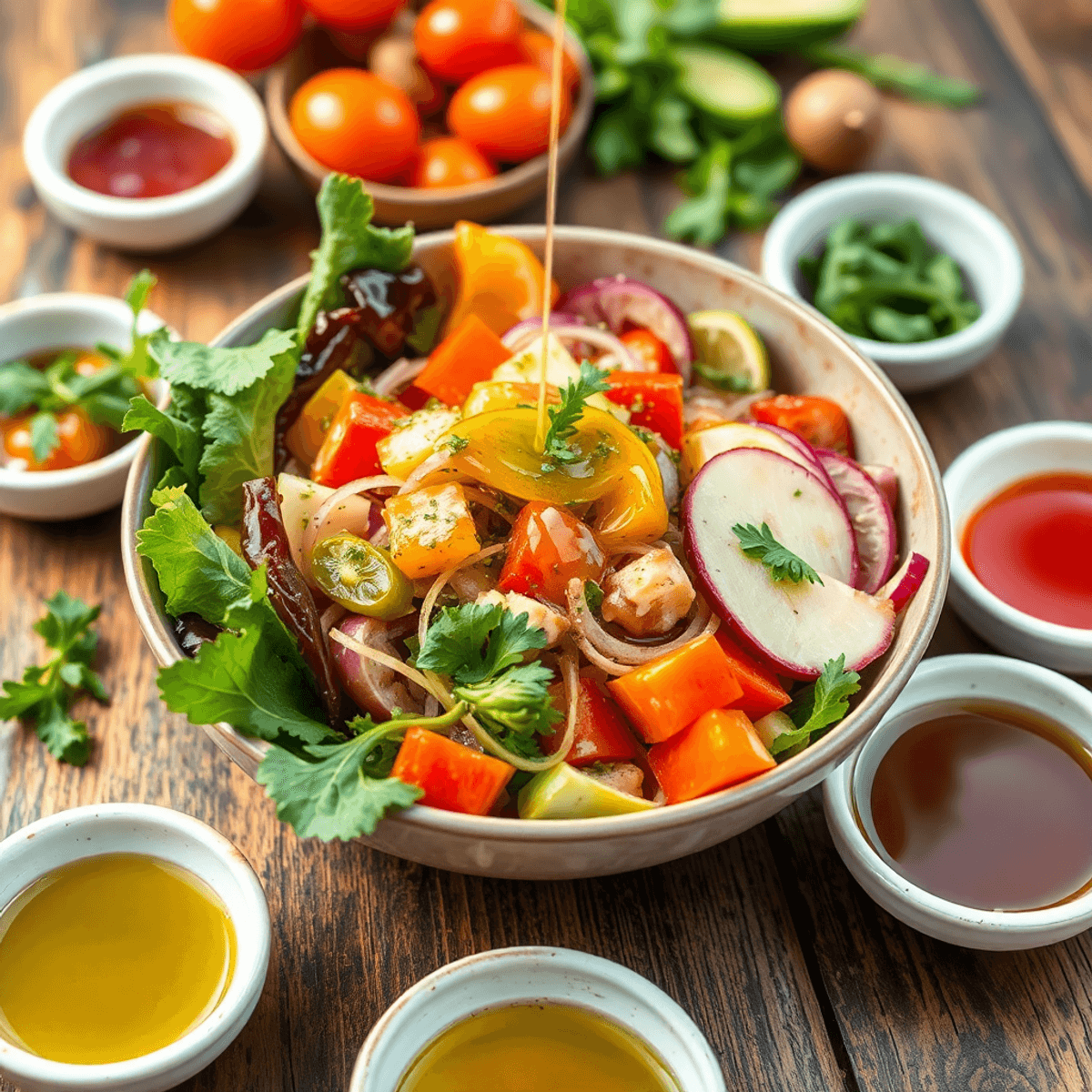 Színes zöldségekkel teli friss salátás tál, olívaolajos öntettel, körülötte természetes szószok kis tálkákban, rusztikus faasztalon, természetes fényben.