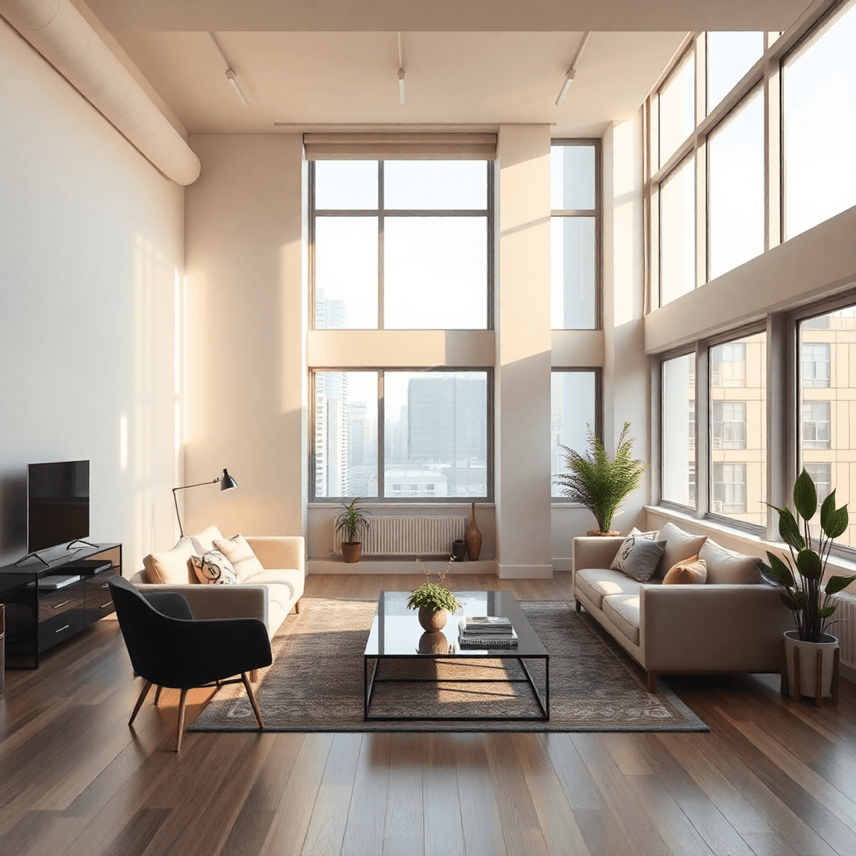 Tágas, nyugodt városi loft lakás, lágyan megvilágított munkaterülettel és pihenőrésszel, nagy ablakokon át áradó meleg természetes fény.