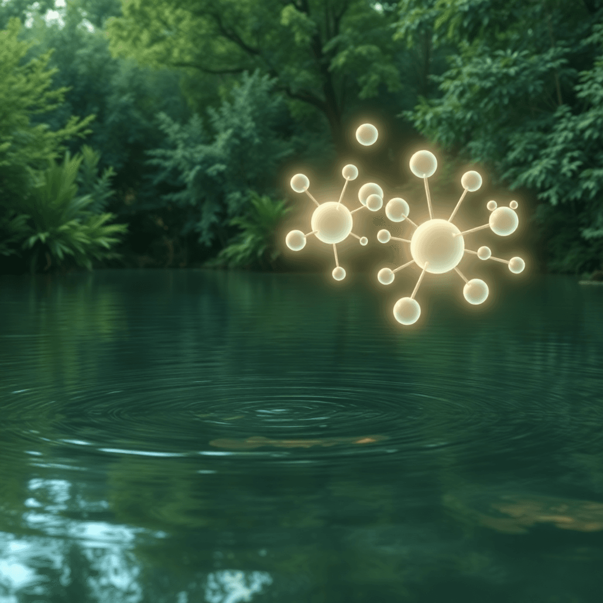 Természetes vízfelület zöld növényzettel, finom hullámokkal és lebegő molekuláris struktúrákkal, melyek gyógyszerhatóanyagokat jelképeznek.