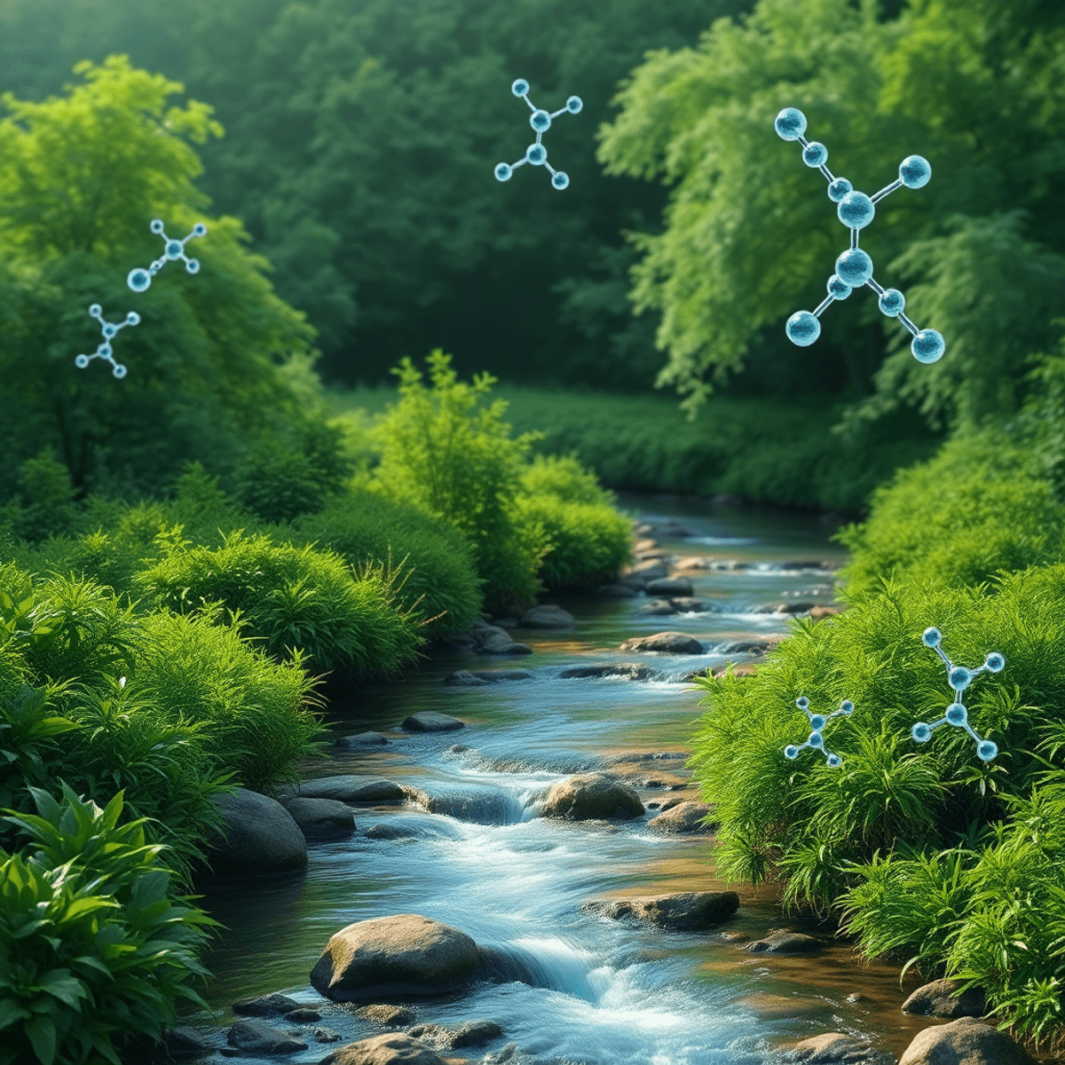 Tiszta, folyó víz áramlik zöld természet között, finom absztrakt vízmolekulák és kémiai szerkezetek jelennek meg a képen.