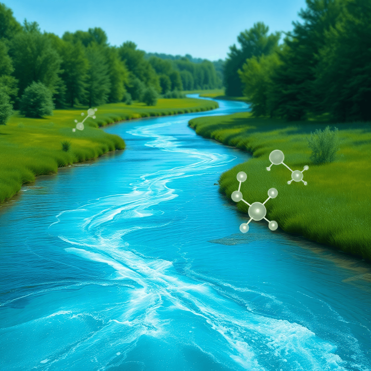 Tiszta kék folyó zöld tájon, vízben finom molekulaformák, az antibiotikum-szennyezés és környezeti hatás szimbóluma.