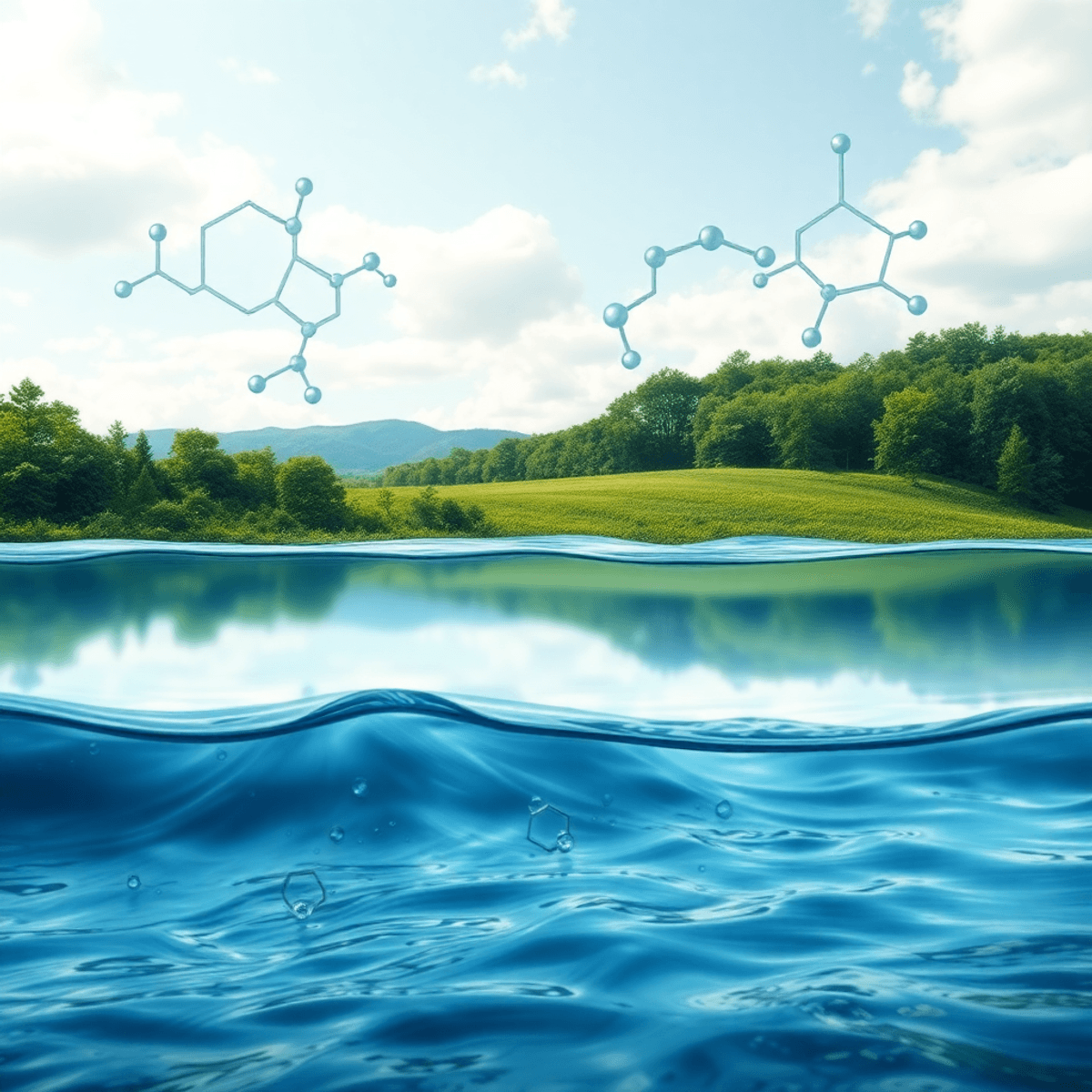 Tiszta természetes táj, amely absztrakt molekuláris szerkezetekkel és hullámzó vízzel olvad össze, szimbolizálva a gyógyszerhatás és környezet kapcsolatát.