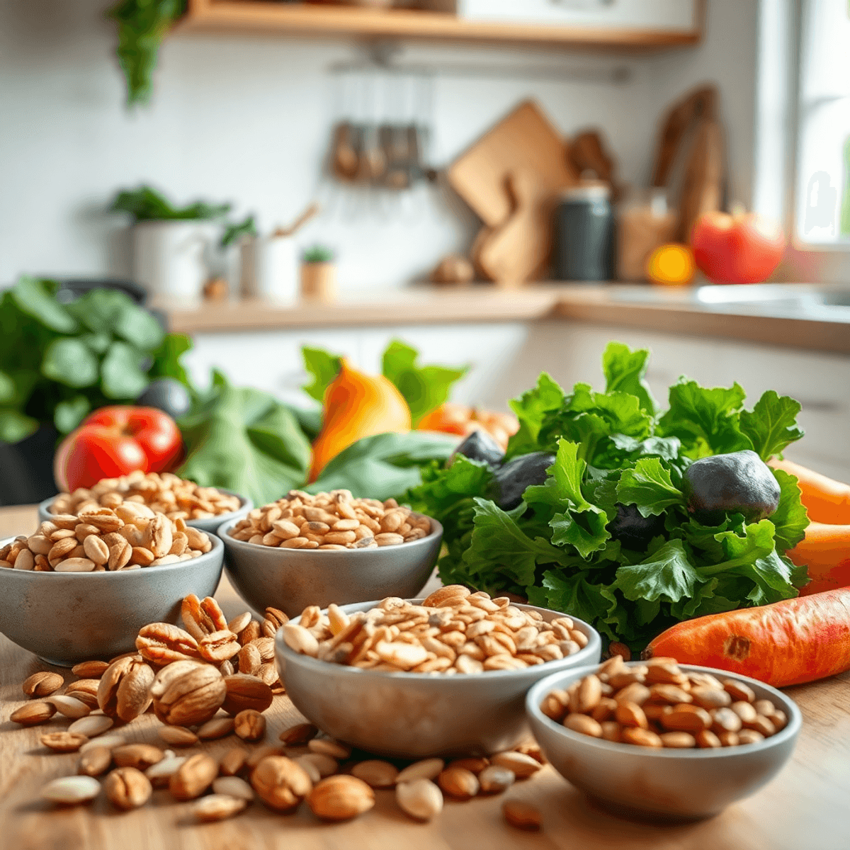 Világos, barátságos konyha, tálkákban diófélék és magvak, friss zöldségek, természetes fényben, az egészség és táplálkozás jegyében.