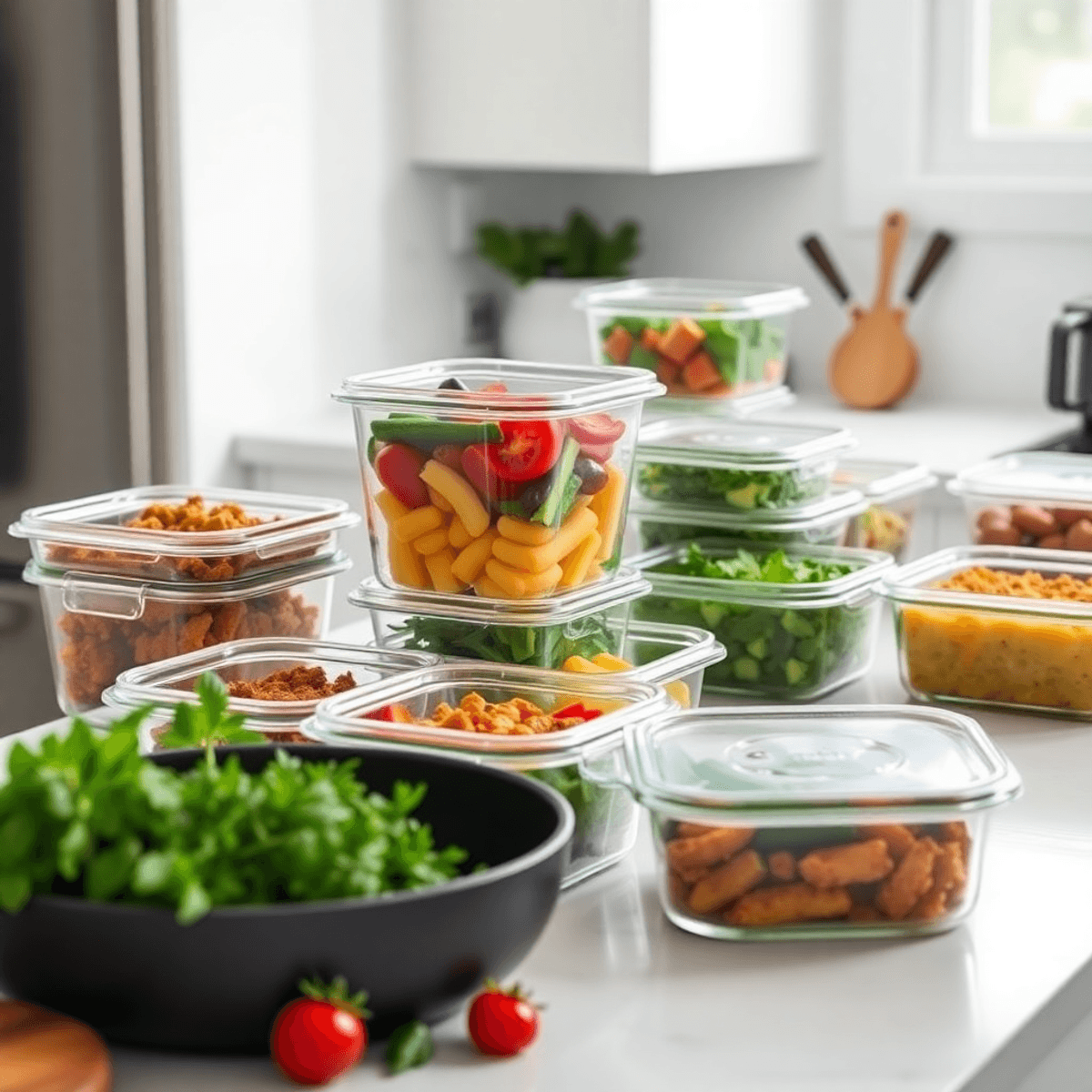 Világos, tiszta konyhapult üveg ételtárolókkal, tele színes zöldségekkel és főtt ételekkel, friss fűszernövényekkel és konyhai eszközökkel körülvéve.